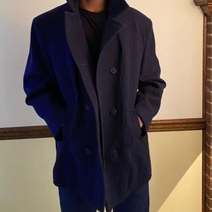 Vintage Citylife 100% Pure Wool Navy Blue Collared Button Coat with 2 pockets